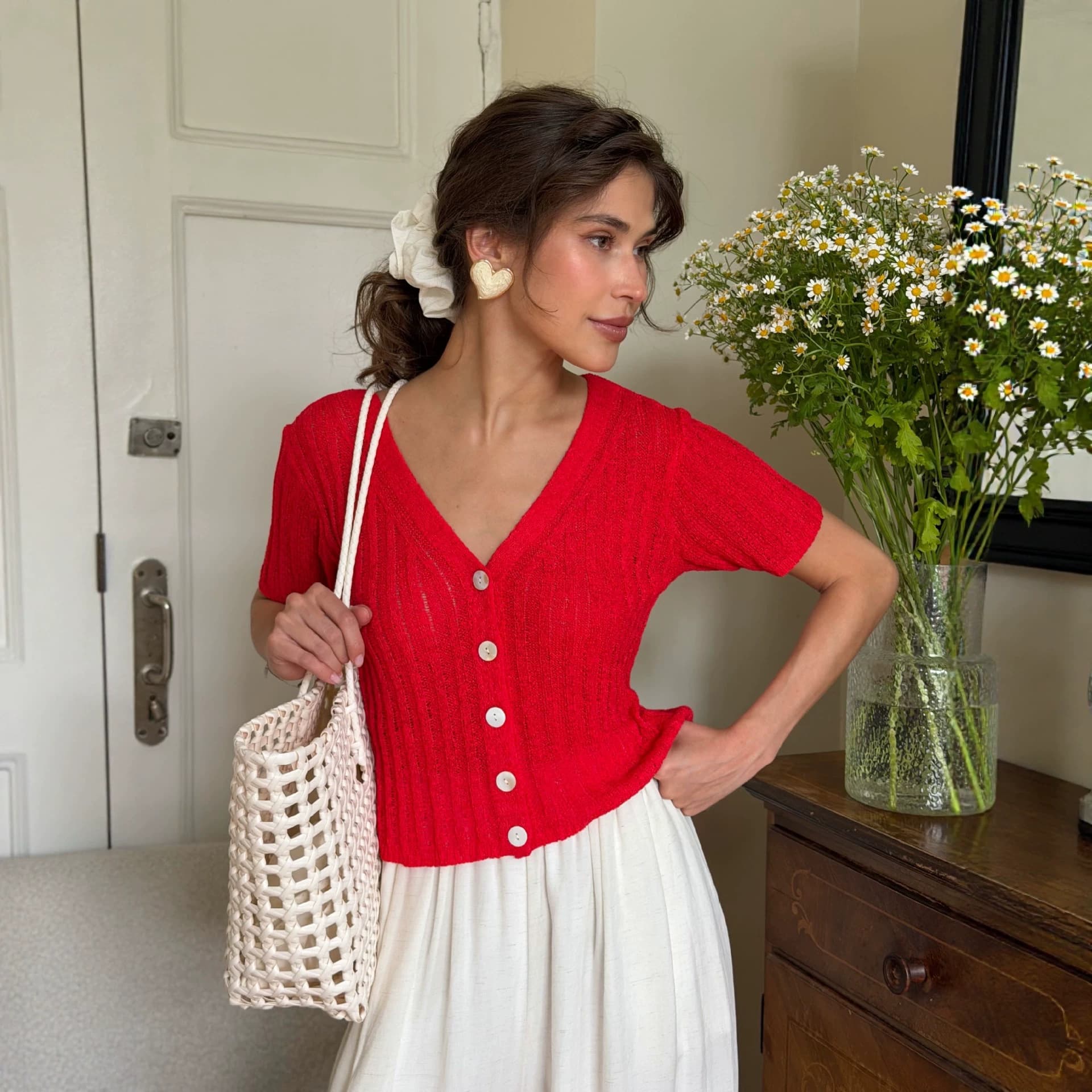 2026 Summer Fashion Loose Knit Cardigan Women Casual Stylish Versatile Sweet Red Short Sleeve Knit Top