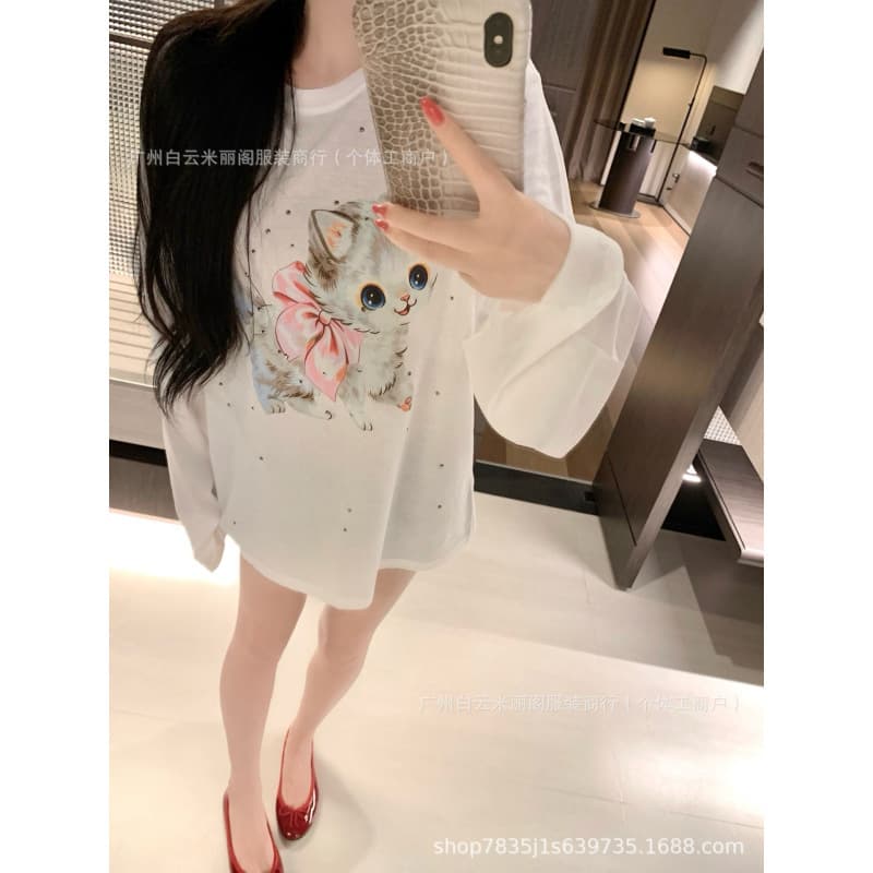 Shenzhen Sun Protection 2026 Summer Sun Protection Clothing Bow Cat Hot Diamond Sweet Long T-Shirt Top Sun Protection Shirt for Women