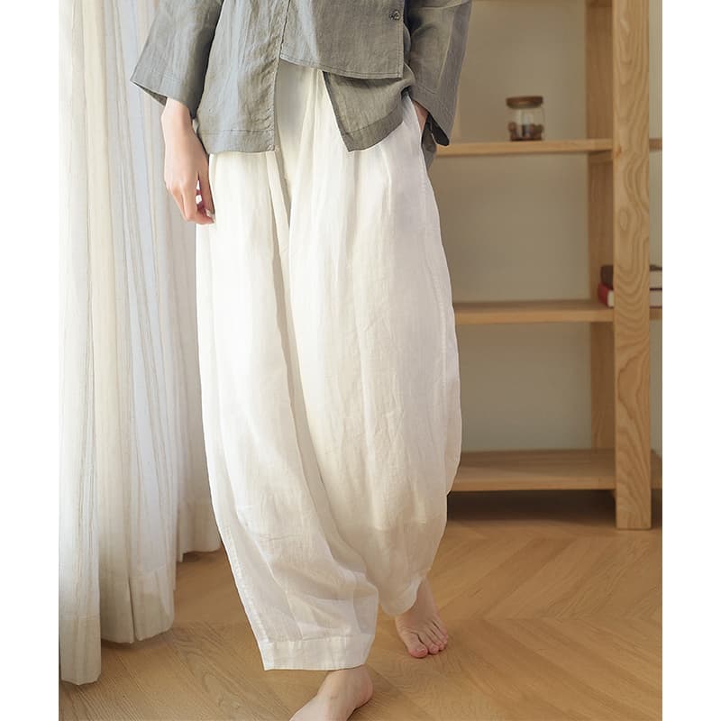 White Ramie Harem Pants for Women, Spring/Summer Thin Double-Layer Loose Plus Size Wide-Leg Pants, Slimming Artistic Cotton-Linen Casual Pants