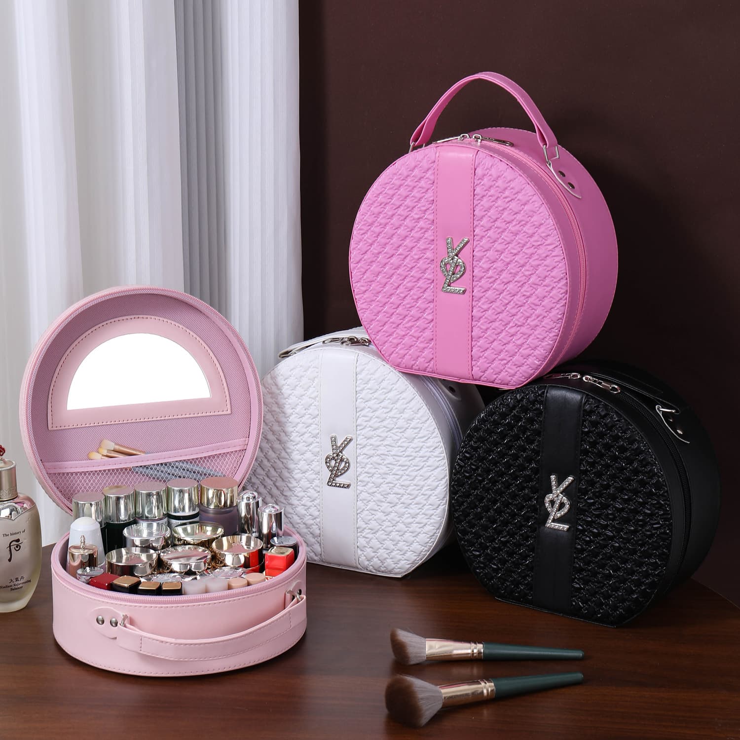 Elegant Portable Home Storage Cosmetic Bag with Mirror and Handle, Large Capacity Travel Gift