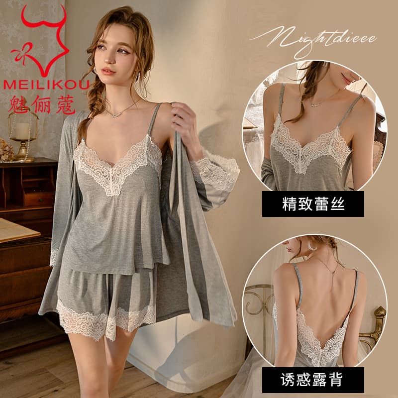 Meiliko sexy lingerie lace nightgown set soft gauze texture sexy suspenders gentle pure sexy pajamas 2292