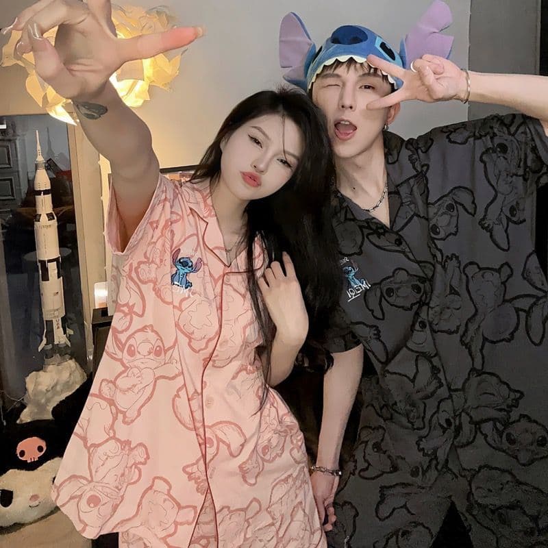 Korean Style Ins Stitch Cartoon Couple Pajamas Women's Summer Imitation Cotton Short-sleeved High-end Home Clothes Men's Two-piece Set