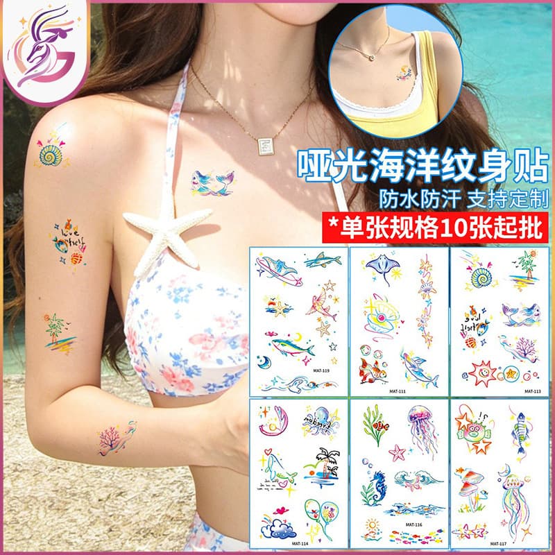 New matte ocean tattoo sticker summer party seaside vacation blue ins style waterproof sweat tattoo sticker