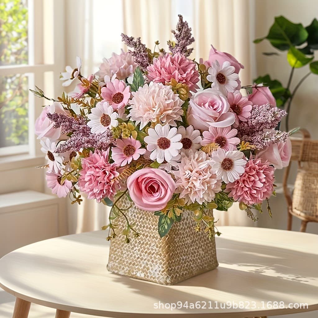 European 7-Branch Hydrangea Hand Bouquet with Artificial Roses, Simulation Flower Wedding Bridal Bouquet, Living Room Decoration
