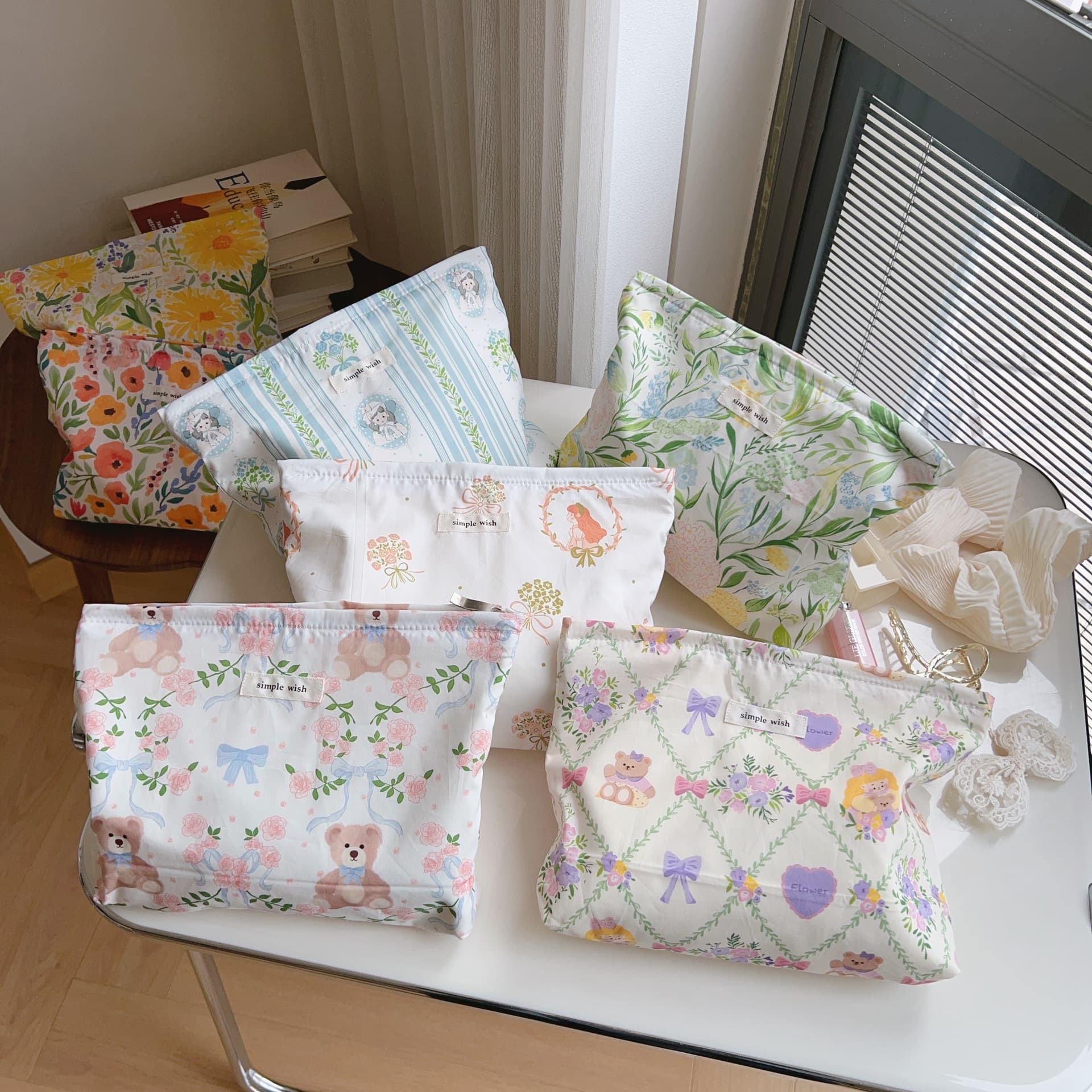 Suxi Cloth Bag French Floral Print Cosmetic Bag Women's Handbag Clutch Storage Inner Cotton Pouch with Zipper