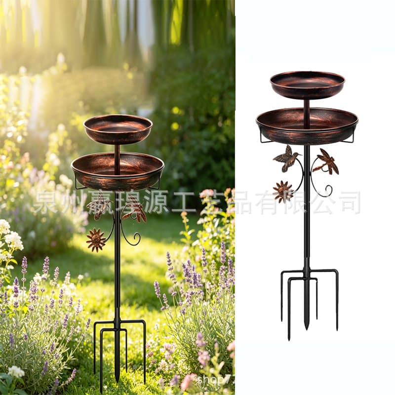 Double-layer Amazon Outdoor Metal Bird Bath Stand Feeder Garden Yard Lawn Ground Insert Iron Art