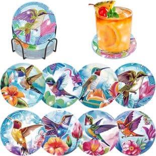8-Piece Diamond Painting Coaster Set with Stand, Diamond Art Coasters for Adults and Beginners (Parrot Style)