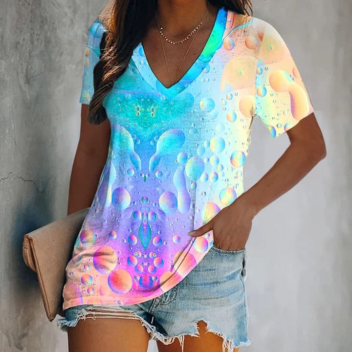 2024 New Women's 3D Print V-Neck T-Shirt Summer Fashion Loose Casual Short Sleeve T-Shirt for Cross-Border Trade