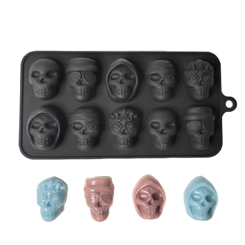 Halloween 10-Connected Skull Silicone Chocolate Mold, Jelly Pudding Ice Cube Tray, DIY Squeeze Toy Silicone Mold