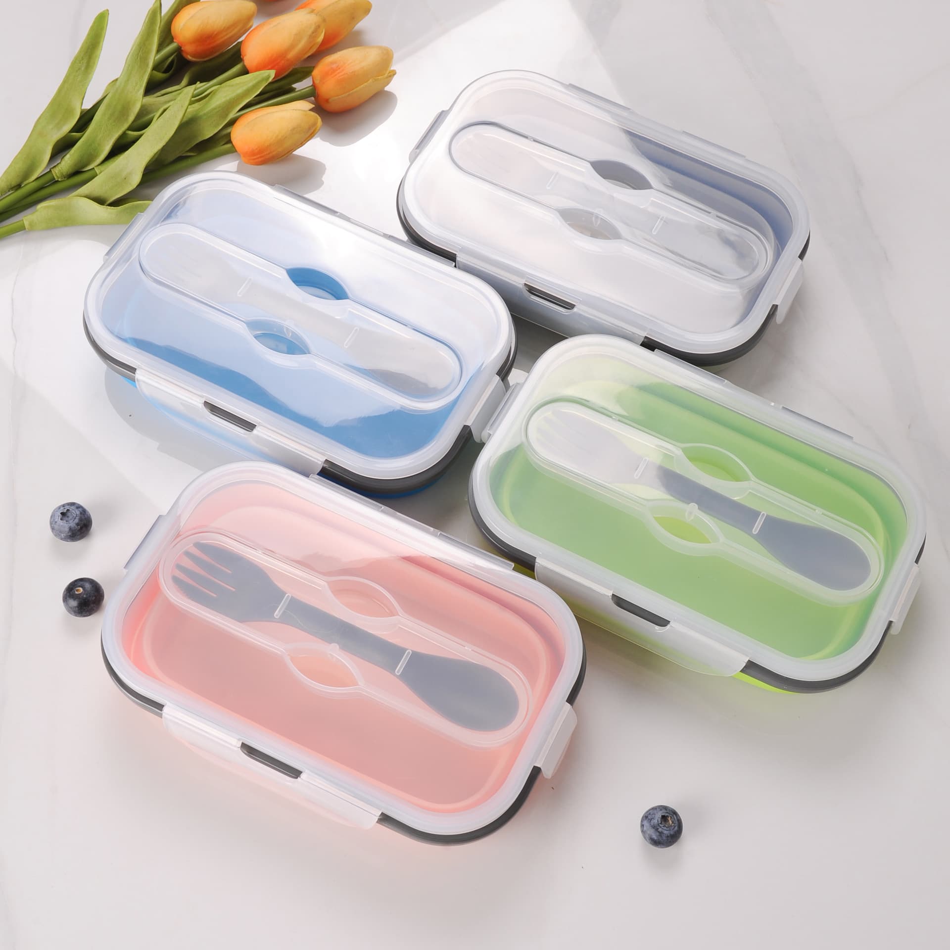 In Stock Large Capacity Silicone Lunch Box Rectangular Student Bento Box Silicone Fresh-Keeping Box Collapsible Bowl Microwave-Safe Tableware