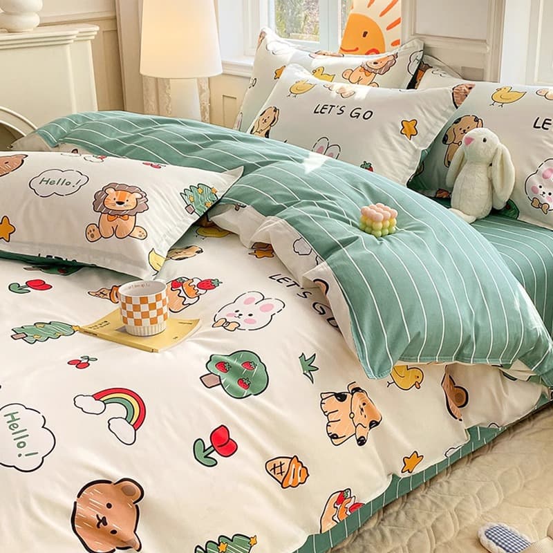 Class A Children's Pure Cotton 4-Piece Bedding Set, 100% Cotton Bed Sheets, Duvet Covers, Dorm Bed Skirt Style, 3-Piece Bedding Set