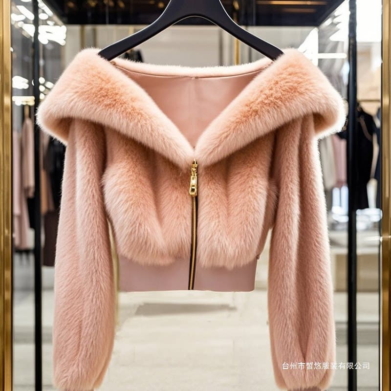 2025 Winter New Arrival Socialite Style Pink Plush Jacket Women, Small Fragrance Style Short High-Waist Faux Leather Top