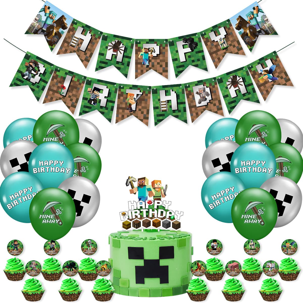 Minecraft Birthday Party Decoration Flag Cake Card Balloon Set Pixel Game Party Decoration Supplies