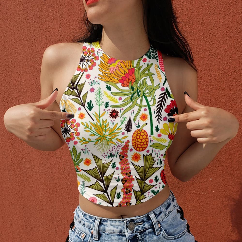 2021 Amazon Summer Camisole Top Women's Halter Floral Print Round Neck Sleeveless Crop Top