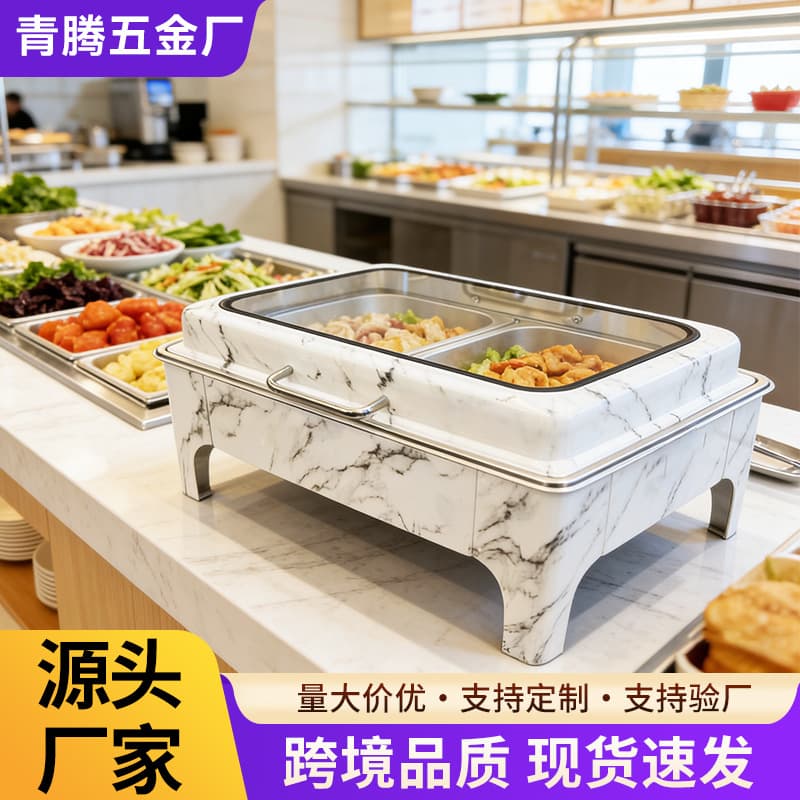 Cross-border White Marble Buffet Stove Square Visual Glass Insulated Dining Stove Hotel Stainless Steel Buffy Stove