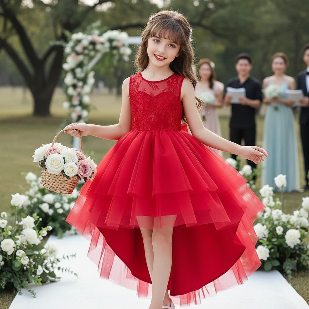 Lace Mesh Princess Dress for Wedding Flower Girl School Runway Dance Performance Girls Dress