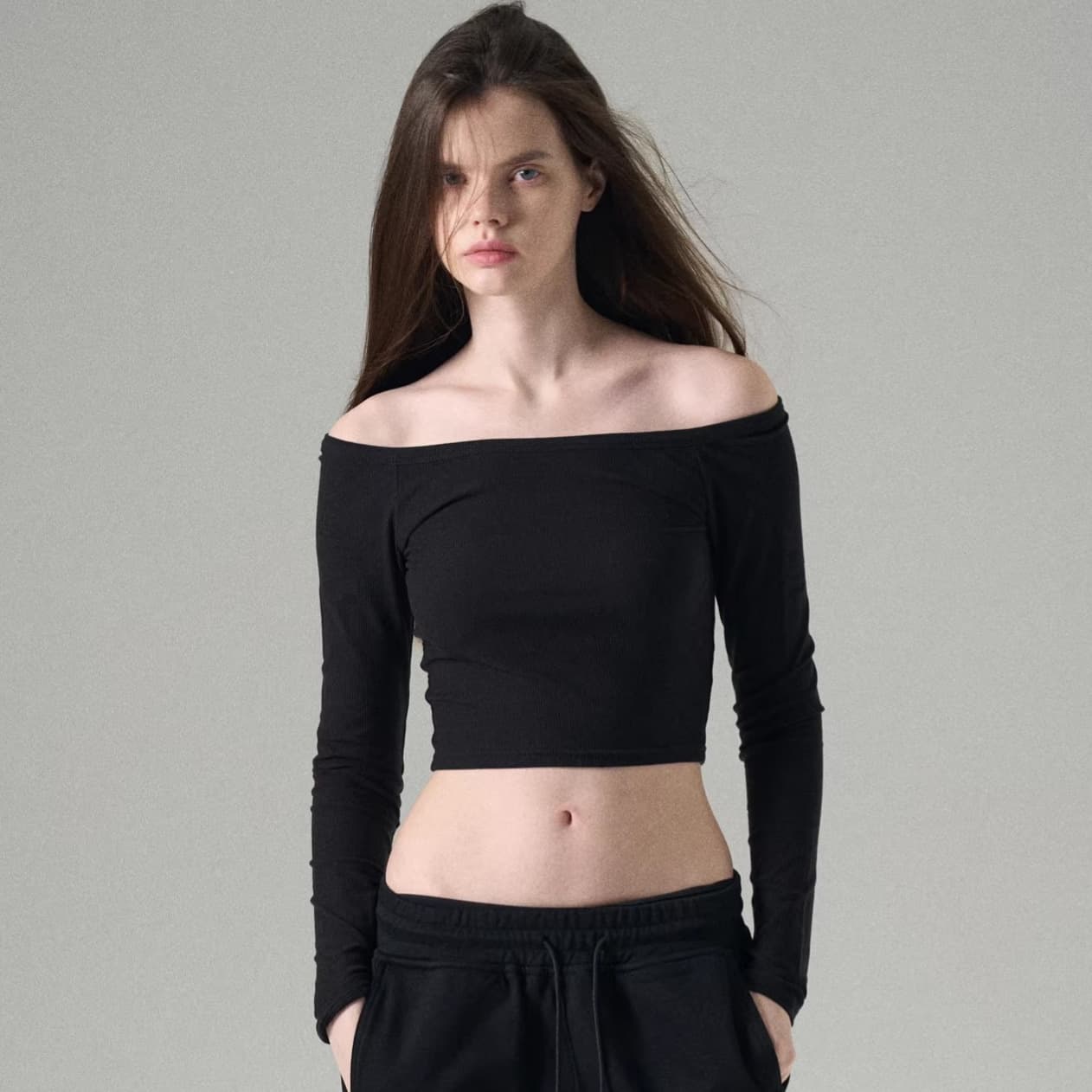 Cross-Border New Long-Sleeve Black Women's Top, One-Shoulder Crop Top, Four-Season Wear, Off-Shoulder T-Shirt, Slim Fit Top
