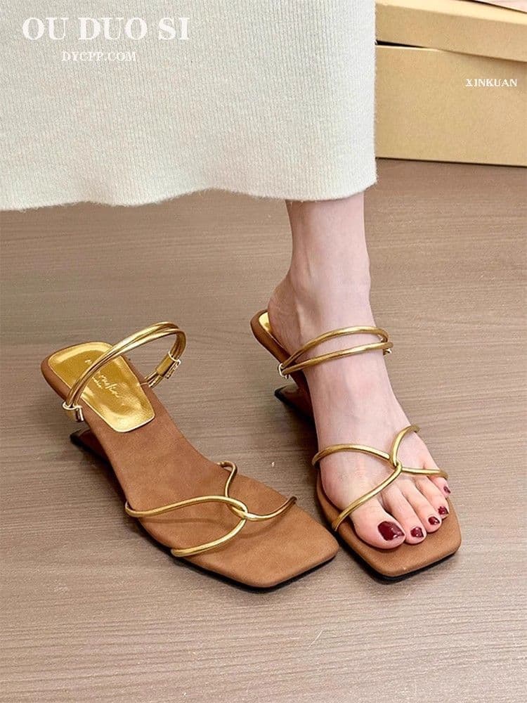 2025 New Retro Square-Toe One-Strap Wedge Slide Sandals for Women Summer Maillard Two-Way Wear Sandals