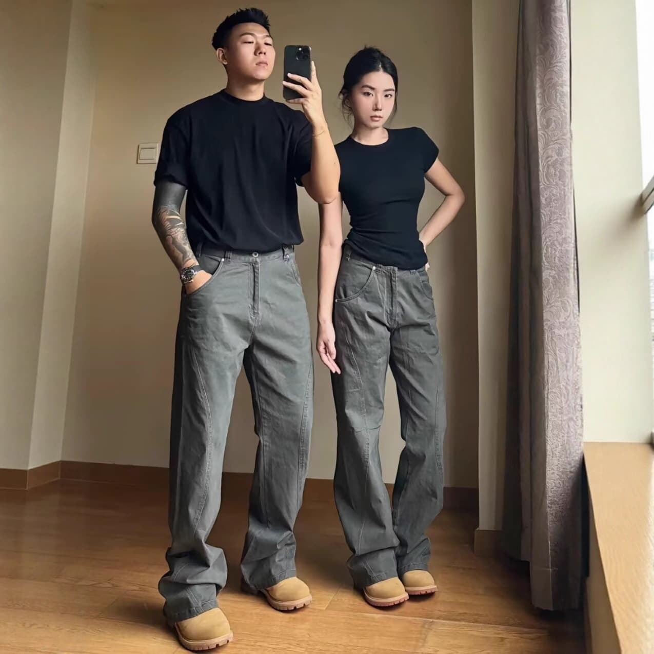 Dark gray vibe pants men's spring and autumn style American retro jeans slim high street casual straight overalls trousers