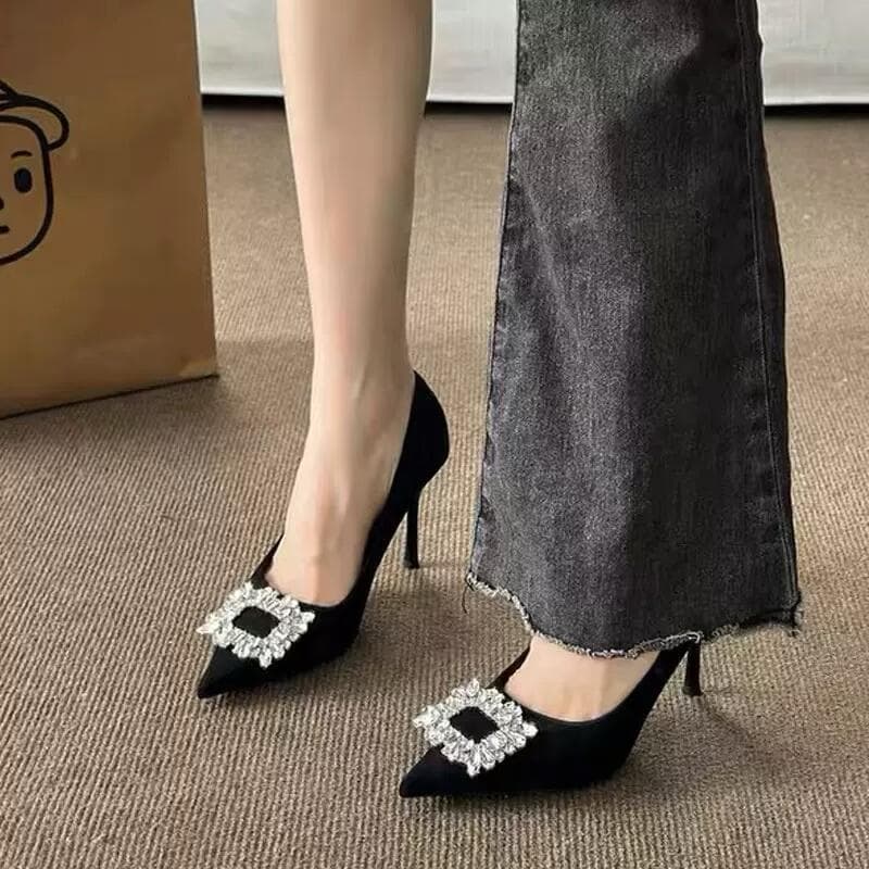 [7.5cm] Suede High Heels for Women, Black, Stiletto Heel, Pointed Toe, New Style, Slimming Foot, Single Shoes for Dresses