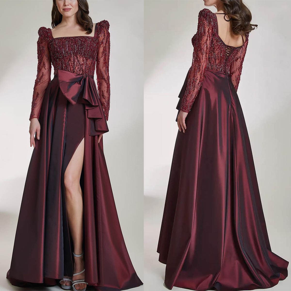 2025 New Beaded Handmade Dress Square Collar Long Sleeve High Split Taffeta Bow Evening Dress Host Ceremony