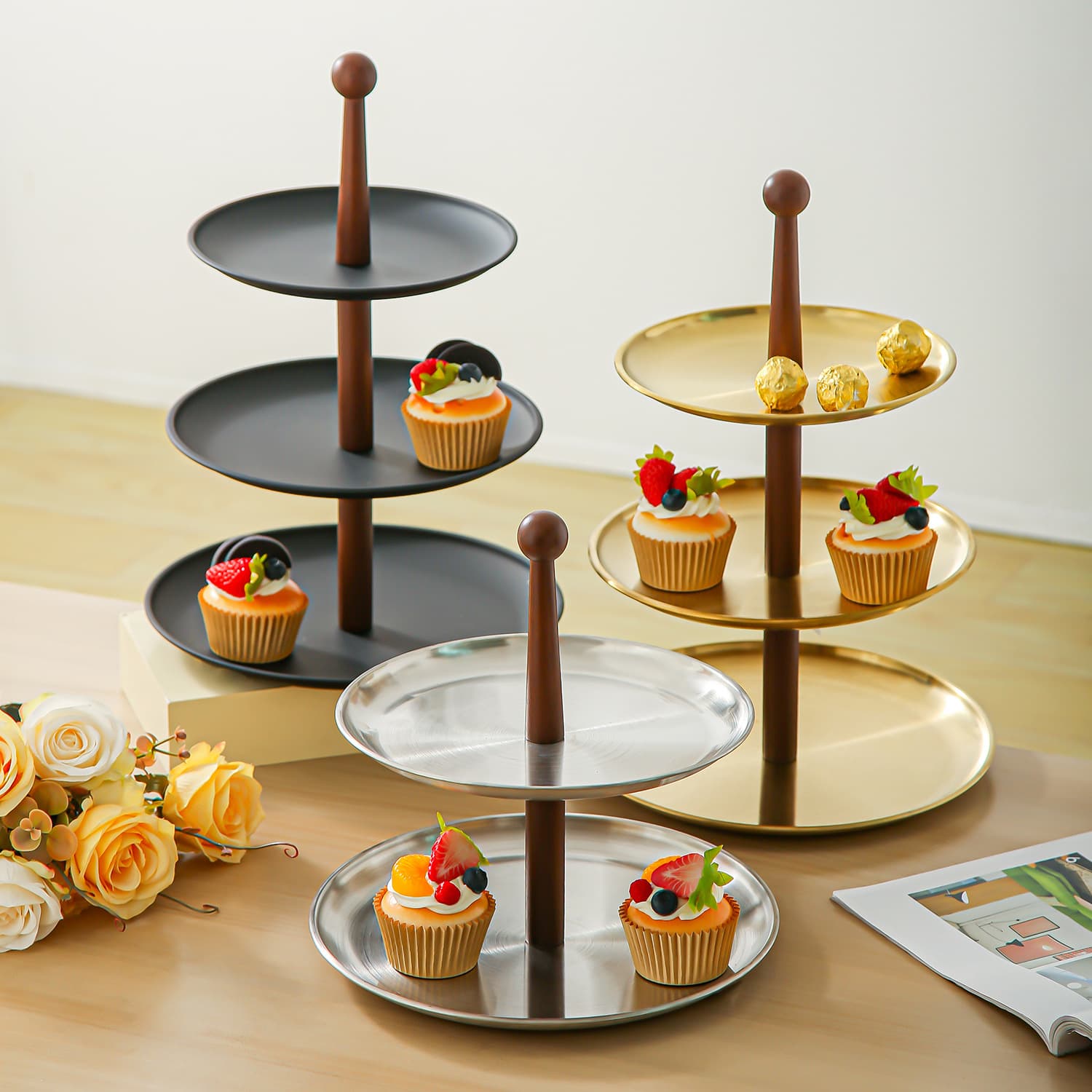Walnut Wood Multi-Layer Fruit Tray Stainless Steel Snack Plate Coffee Table Cake Candy Dried Fruit Plate Premium Look