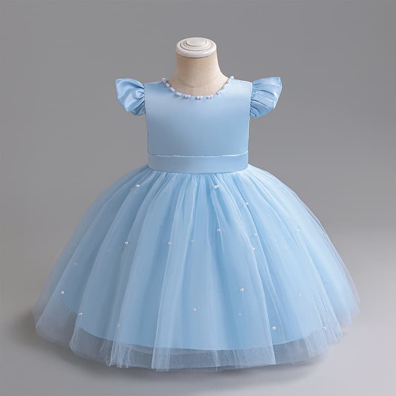 Children's Princess Dress with Beaded Tulle Netting, Pearl Girl Birthday Performance One-Year-Old Gown