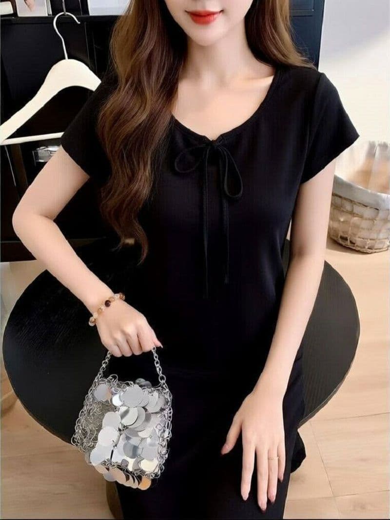 Pure and Chic Tie-Front Short-Sleeve T-Shirt for Women, Summer Fitted Waist Design, Unique and Stunning Top, Export Style