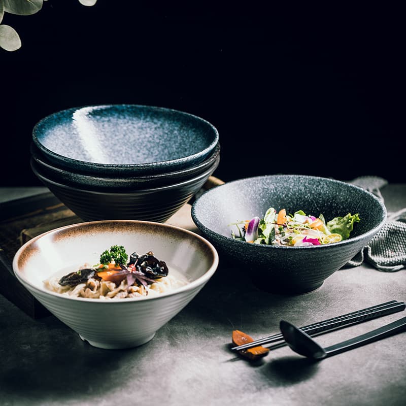 Creative ceramic Japanese-style bamboo hat bowl, retro coarse pottery ramen bowl, tableware, high-end household large open trumpet bowl