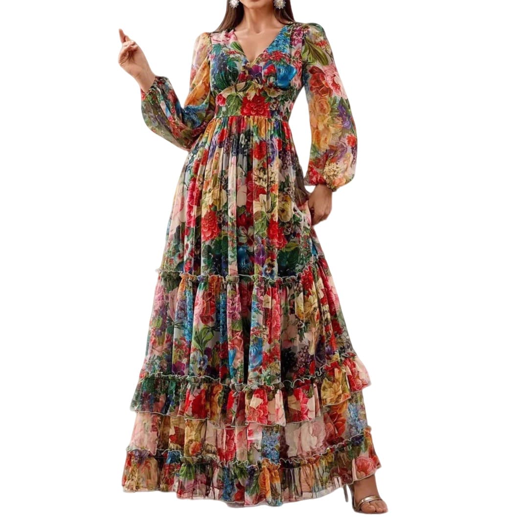 European and American women's new summer slim-fitting long-sleeved dress romantic floral long V-neck print leisure travel