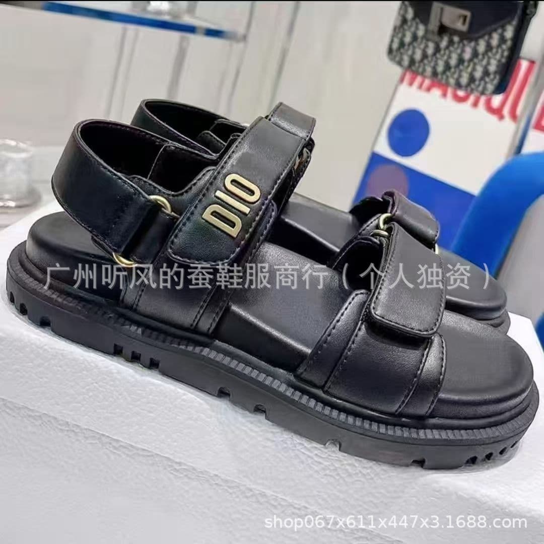 Women's New Thick Sole Toe Loop Open-Toe Letter Metal Sandals with Velcro One-Strap 2025 Casual Sandals