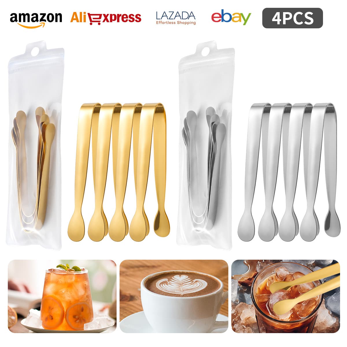 304 Stainless Steel Ice Tongs Food Tongs for Home Ice Cubes Coffee Sugar Cubes Round Head Bread Tongs for Western Restaurants Cross-border