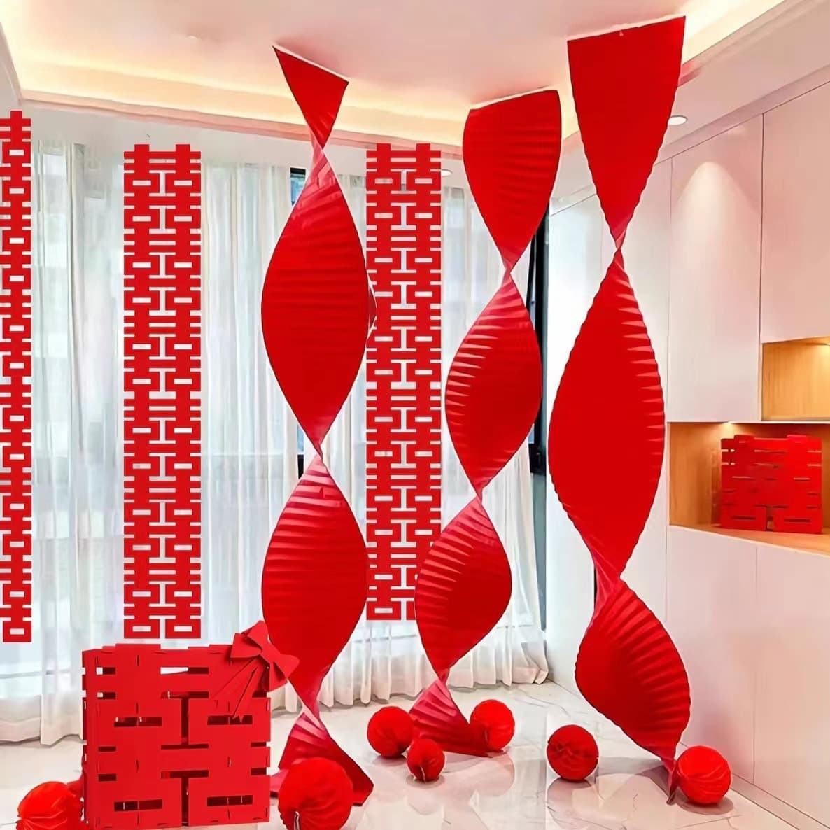 Corrugated Origami Backdrop Wall Decoration for Wedding House Festivity in Living Room and Bedroom with Chinese Wedding Waterfall Lantern Strings