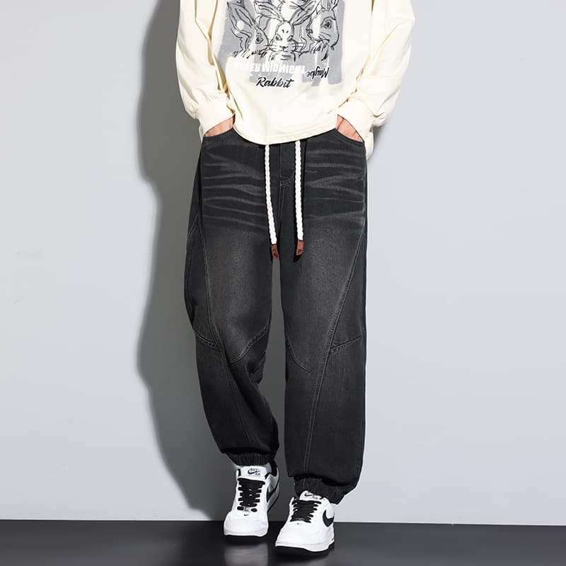 JYF-M8852 Wide-Leg Bootcut Jeans Men 2025 Summer Thin Loose Straight-Leg American Style Patchwork Curved Hem