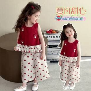 Girls' Summer Set New Style, Trendy Korean Thin Polka Dot Mushroom Vest Two-Piece Outfit