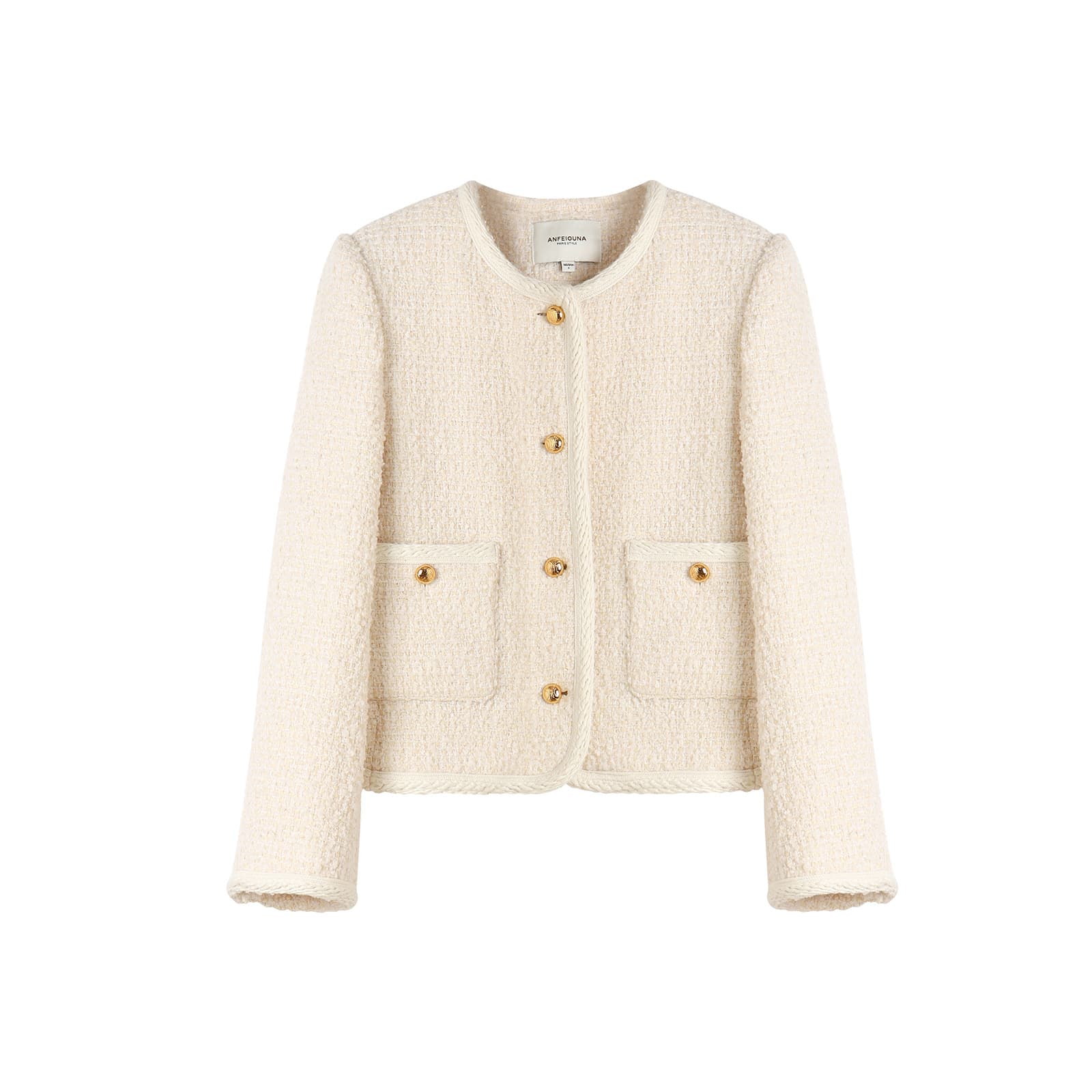 Anfeiouna New French White Small Fragrance Wool Blend Tweed Simple Double Pocket Women's Jacket