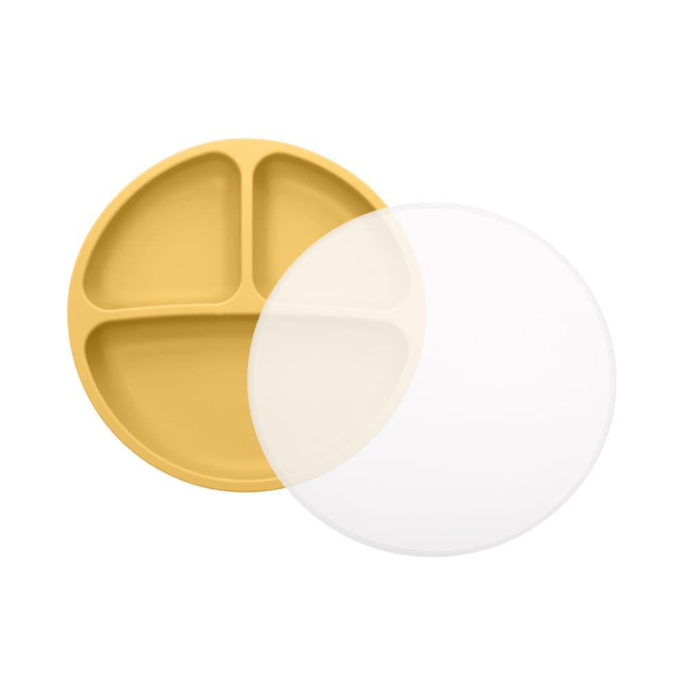 Kids Silicone Round 3-Compartment Plate with PP Lid, Baby Feeding Set with Suction Base