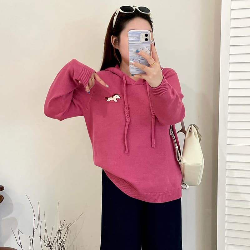 Plus Size Women's Casual Hooded Sweatshirt, 2025 Winter Style, Jacquard Pony Knit Sweater 23610