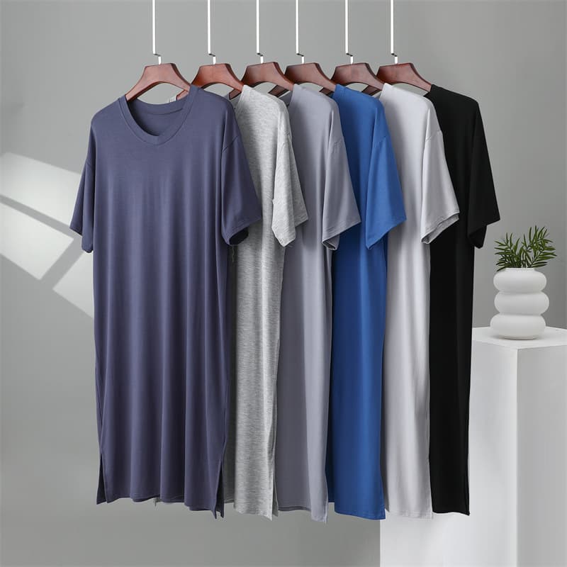 Men's Modal Nightgown Long Over-the-Knee Short Sleeve V-Neck Mid-Length Robe Loose Dress Sleepwear Homewear