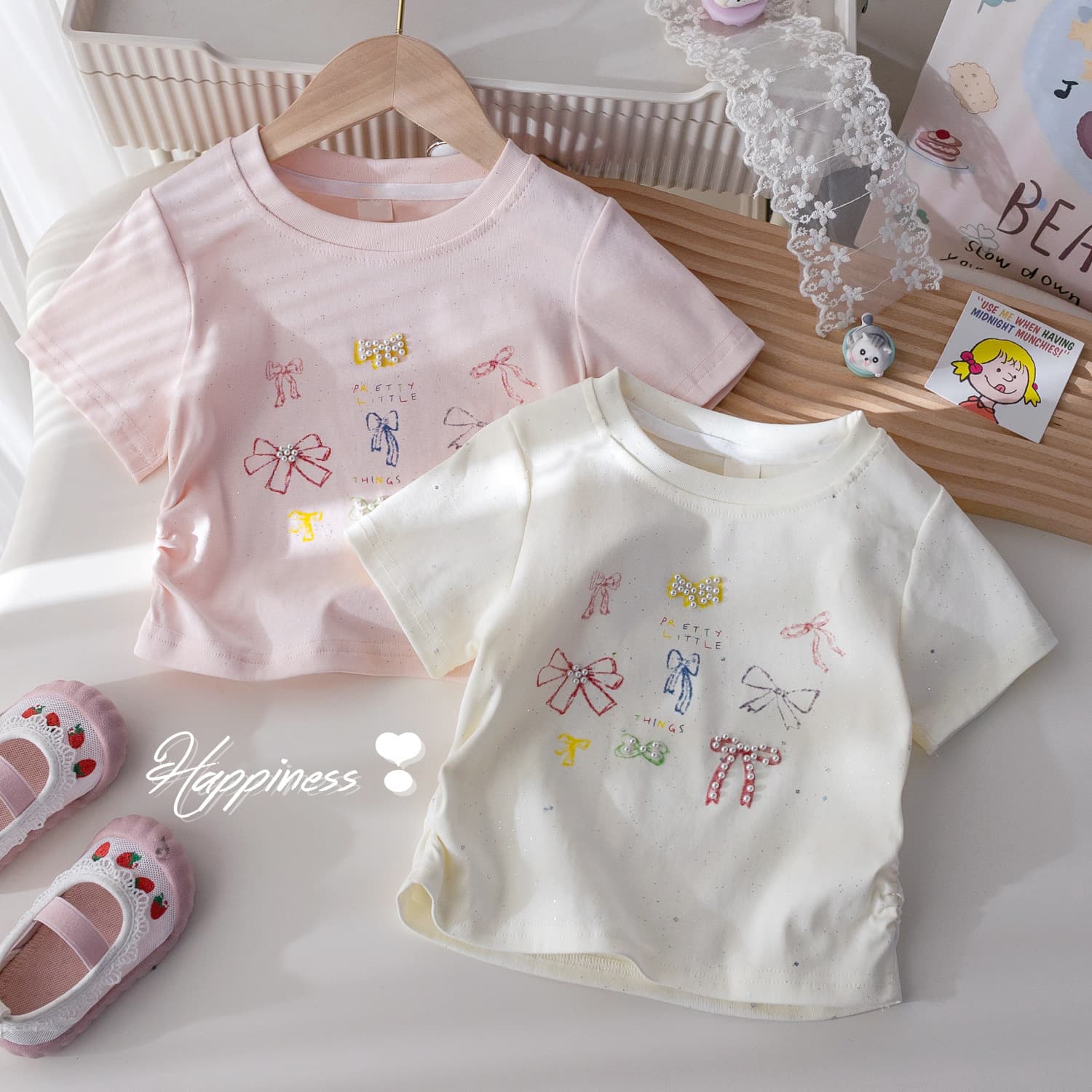 Girls' New Summer Short-Sleeved T-Shirt 2026 Summer Fashion Beaded Bow Stylish Trendy Versatile Top for Baby Girls