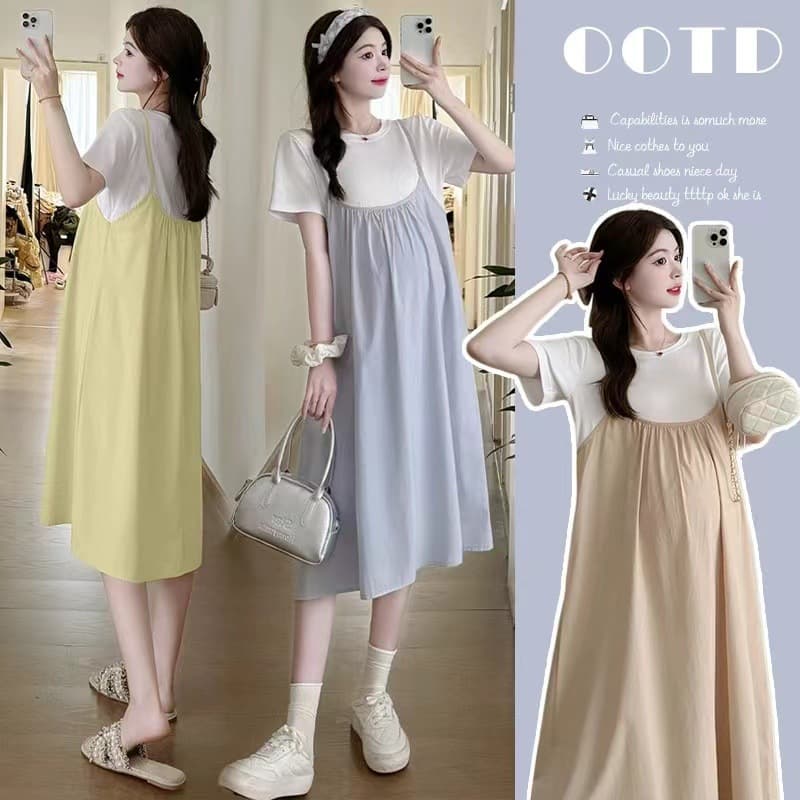 Maternity Dress Summer Elegant Fashionable Stylish Pregnant Clothes New Season Patchwork Loose Fitting Dress