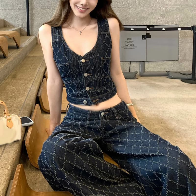 2026 Summer 'Vintage Diamond' Raw-Edge Diamond Crochet Denim Vest / Denim Straight-Leg Pants Women's Casual Set