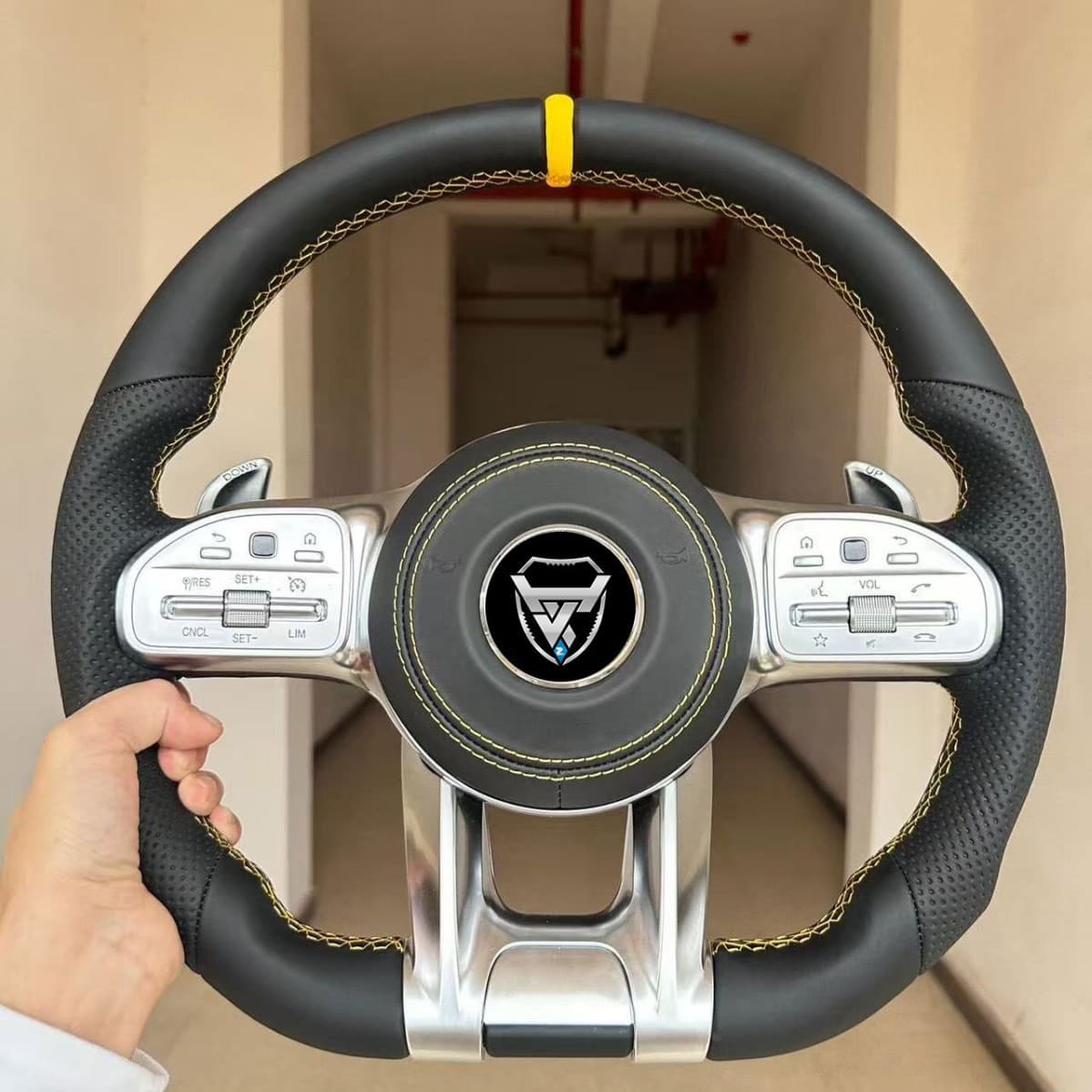 Fits all Mercedes models, upper and lower black genuine leather, left and right black genuine leather perforated with yellow stitching and yellow leather, chrome-plated kit