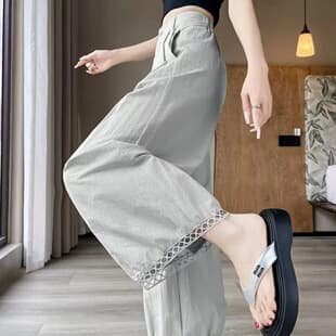Ice Silk Lace Hollow Lantern Pants Women Summer Loose Cropped Pants Fashion High Waist Casual Wide Leg Pants Export Wholesale