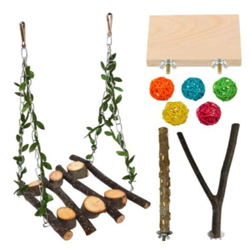 Cross-Border Hot Selling Parrot Chewing Toy, Bird Toy, Tree Branch, Leaf Swing, Prickly Ash Wood Perch, Rattan Ball Set