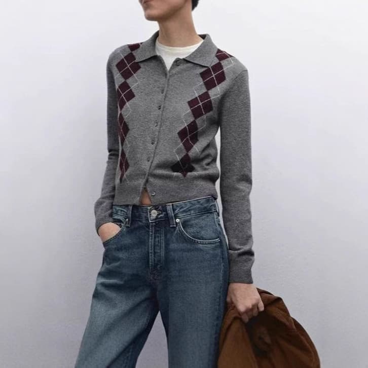 2025 Autumn Winter New European and American Cross-border Women's Street Fashion Short Diamond Polo Collar Cardigan Knit Sweater