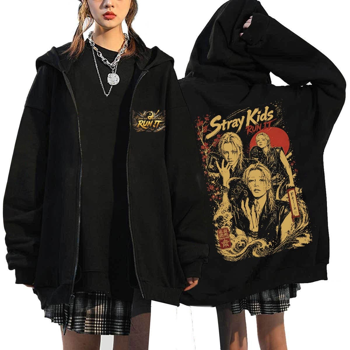 Stray Kids World Tour Run It skz Group Support Zip-Up Hoodie Zip-Up Sweatshirt