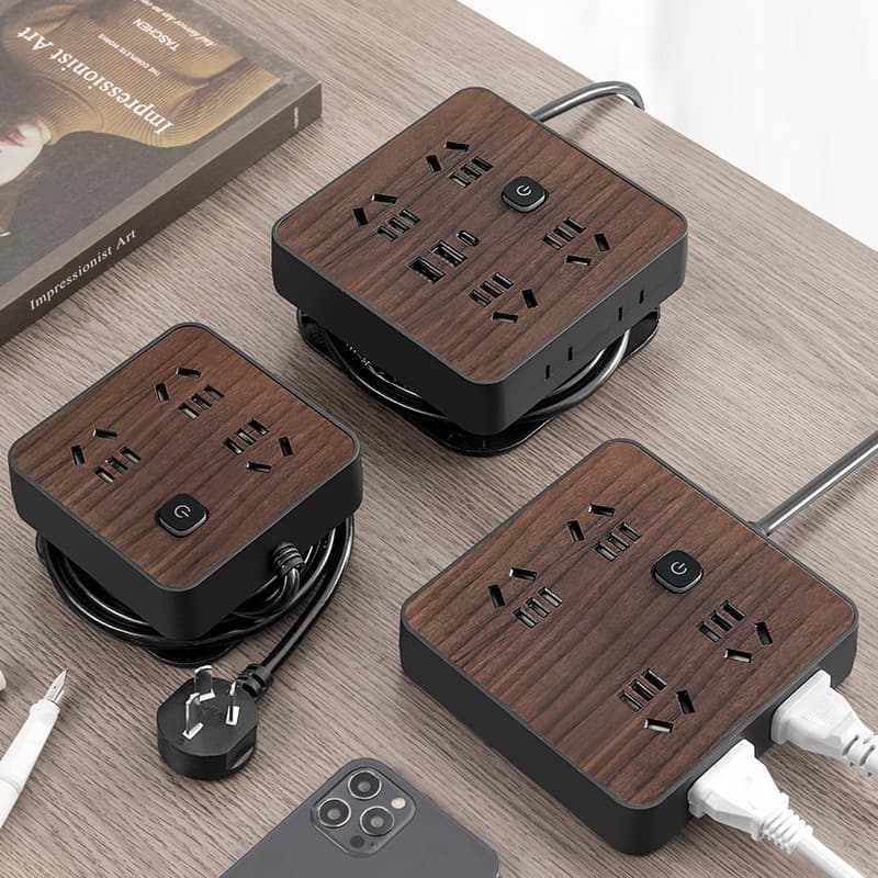 Double Shell Wood Grain Socket Panel Desktop Multi-function Household USB Charging Power Strip with Cable
