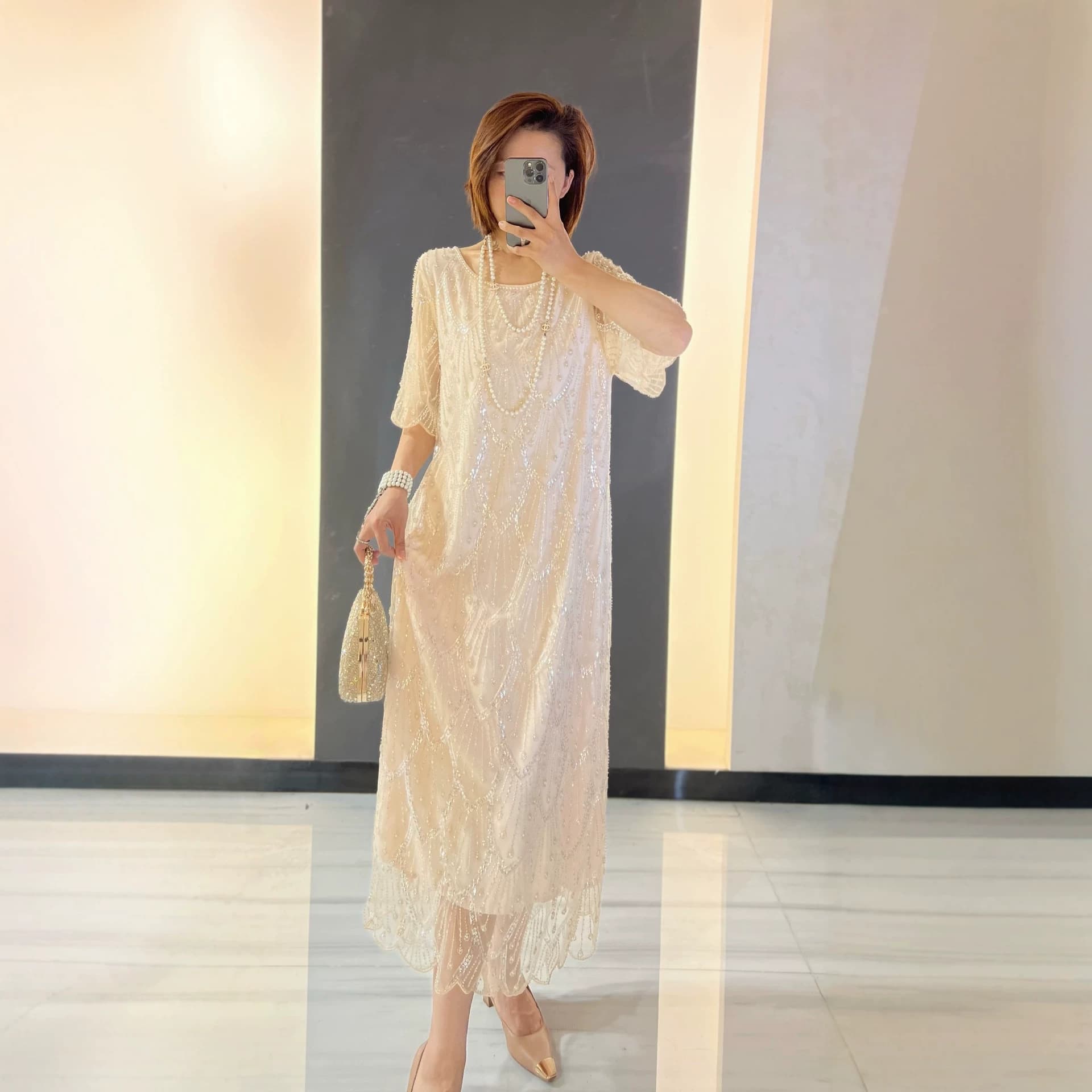 2025 women's new high-end diamond sequin dress gentle skirt women's summer short-sleeved long skirt women 8201