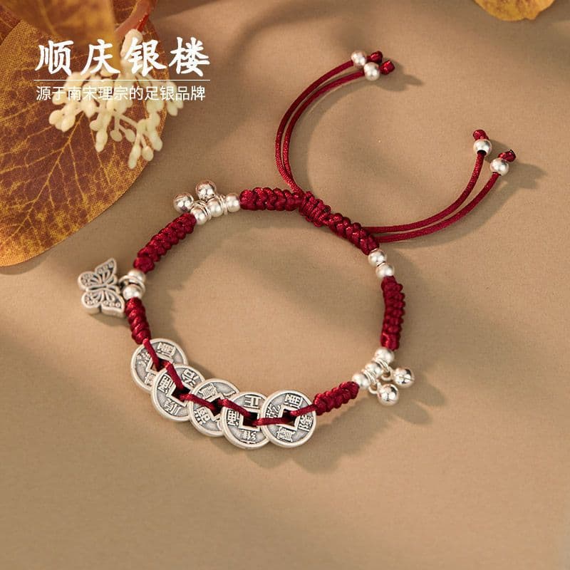 Shunqing Silver Shop 999 Pure Silver [Butterfly Joy Hand Rope] Retro Five Emperor Copper Coin Braided Hand Rope Gift for Girlfriend or Best Friend